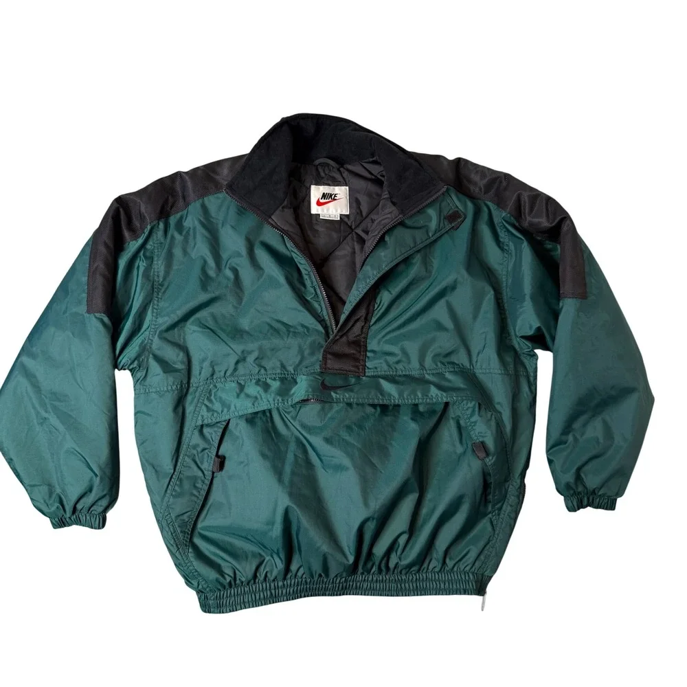 VTG Nike 90s Anorak Jacket Green Black Big Swoosh Quilted‎ L Pullover Kangaroo